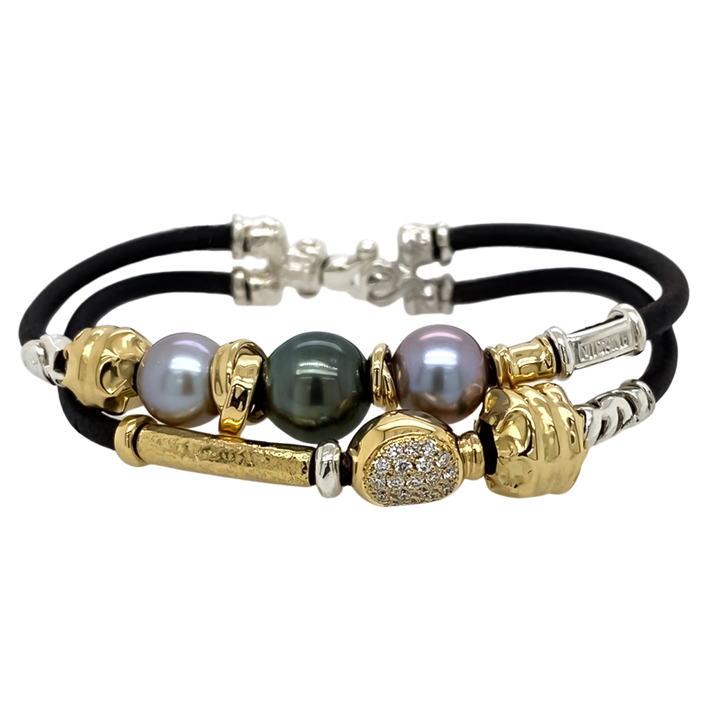 Double Strand Leather, Pearl & Diamond Bracelet