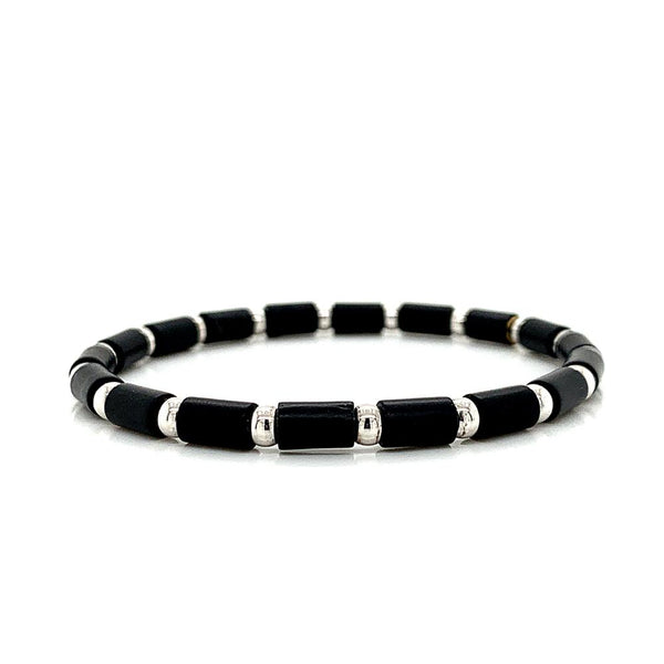 White Gold and  Black Onyx Bead Stretch Bracelet